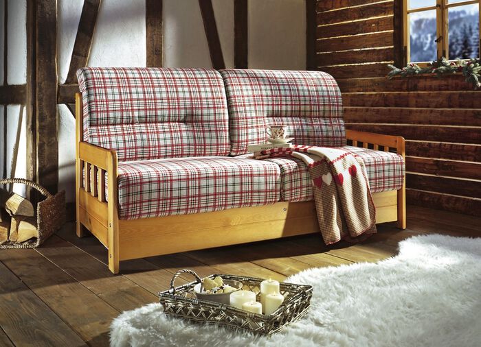 Verwandlungssofa aus massiver Kiefer ROT KARIERT