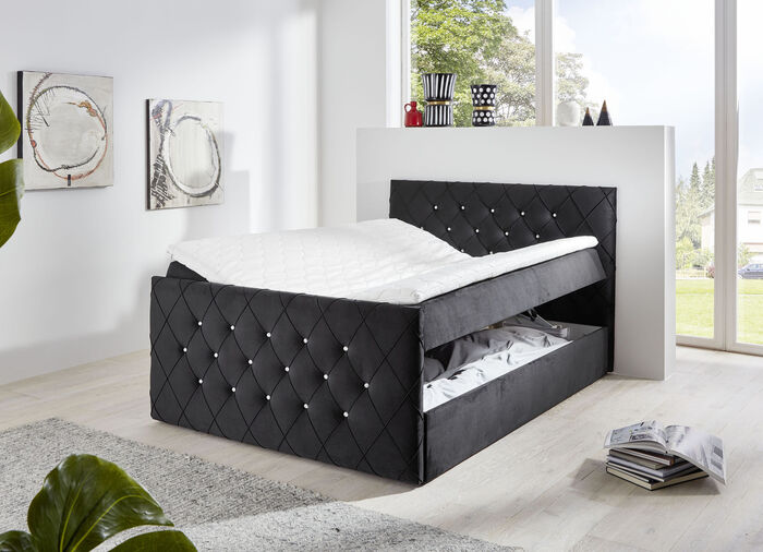 Boxspringbett mit Strasssteinen und Topper SCHWARZ