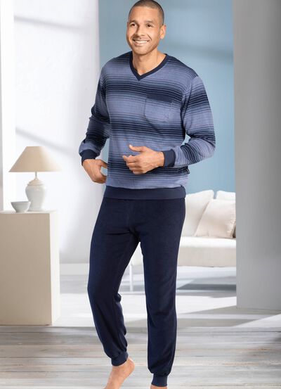 Frottier-Schlafanzug mit V-Ausschnitt und B&uuml;ndchenabschl&uuml;ssen 