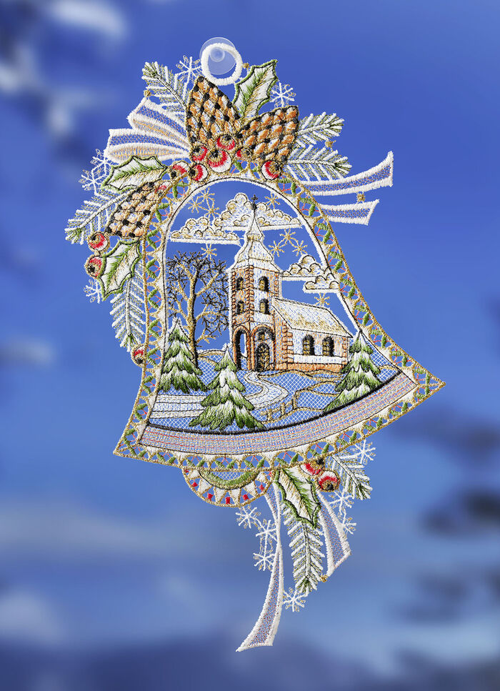 Fensterbild Glocke mit Kirche aus Plauener Spitze 