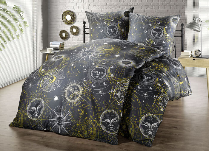 Bettw&auml;sche-Garnitur mit Sonne-Mond-und-Sterne-Dessin 