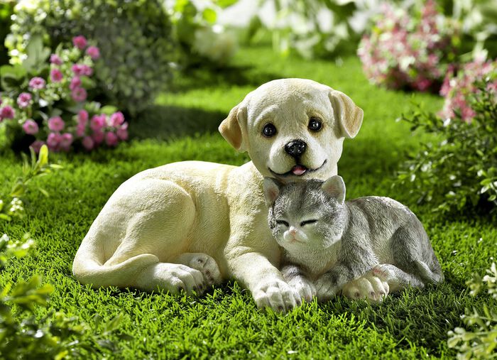Hund und Katze aus Polyresin BEIGE-GRAU-WEISS