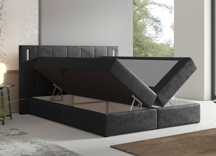Boxspringbett mit LED-Beleuchtung und Topper ANTHRAZIT