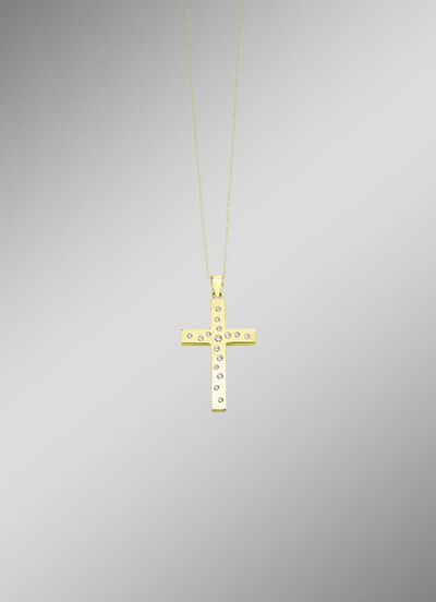 Beidseitig tragbarer Kreuz-Anh&auml;nger mit synth. Zirkonia 