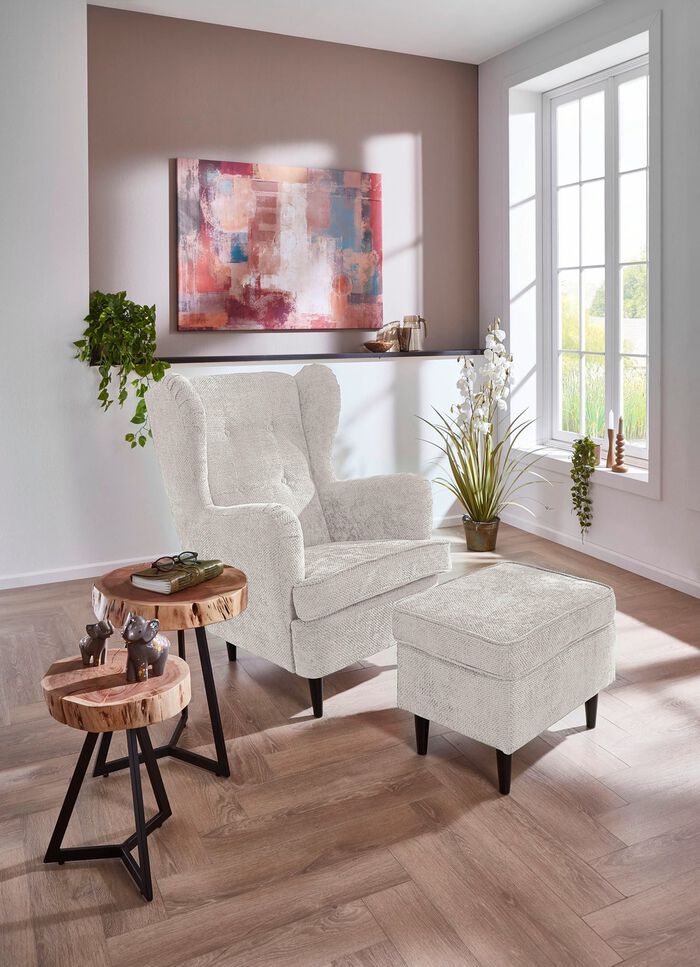 Ohrenbackensessel mit Hocker CREME