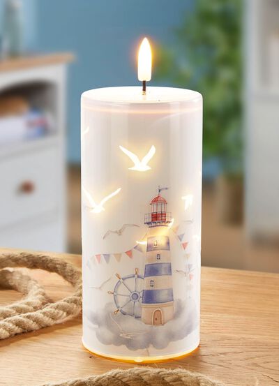 LED-Kerze mit Leuchtturm-Motiv 
