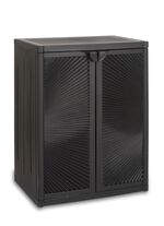 Gartenschrank mit strahlenf&ouml;rmigem Design an den T&uuml;ren 