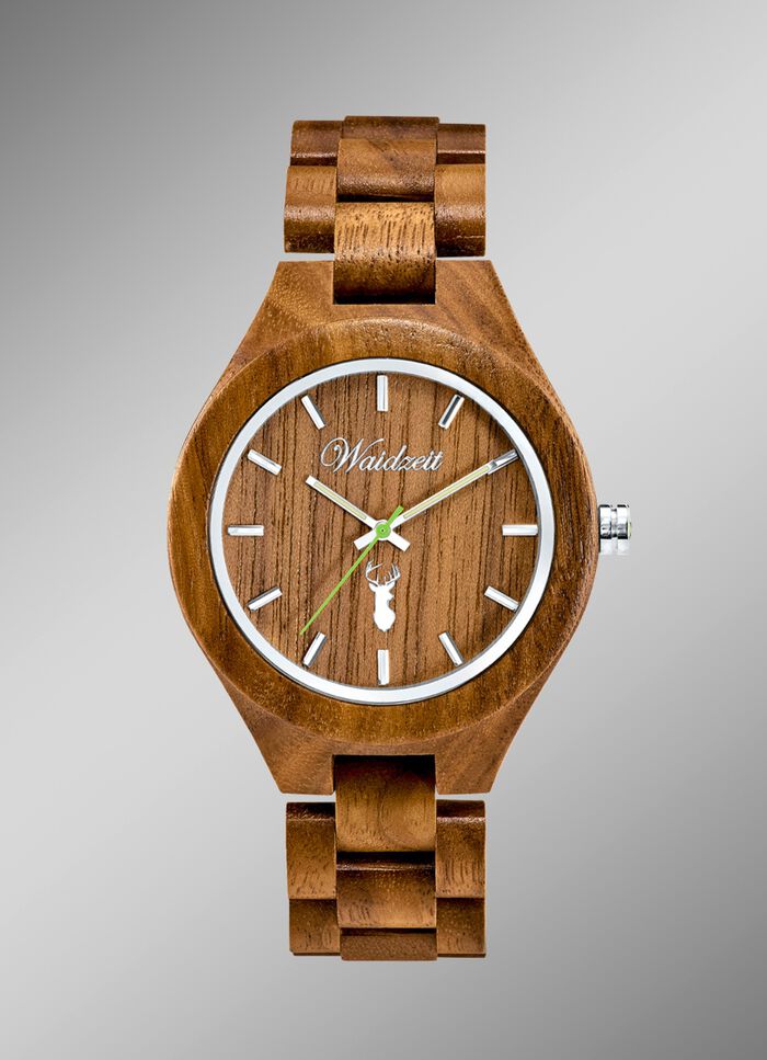 Partneruhr der Marke &laquo;Waidzeit&raquo;, komplett gefertigt aus naturbelassenem Walnussholz 