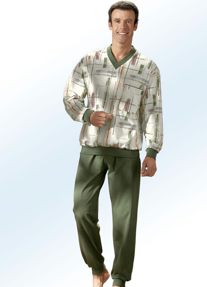 Pyjama mit Alloverdessin, V-Ausschnitt und Bündchen, 