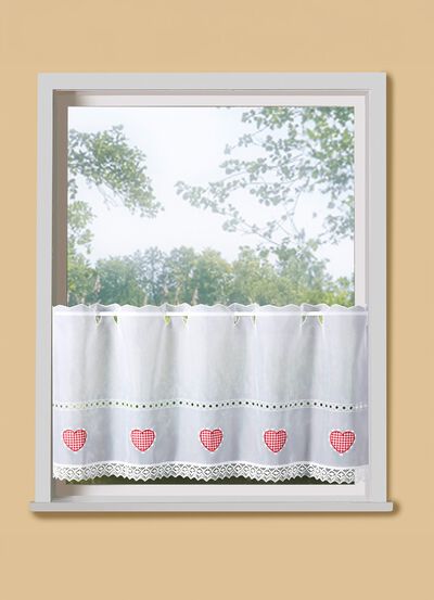 Kurzvorhang mit Macram&eacute;-Abschluss und Stangendurchzug 