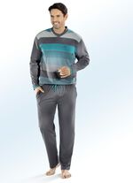 Hajo Klima Komfort Pyjama mit V-Ausschnitt und garngefärbtem Ringel GRAU-TÜRKIS