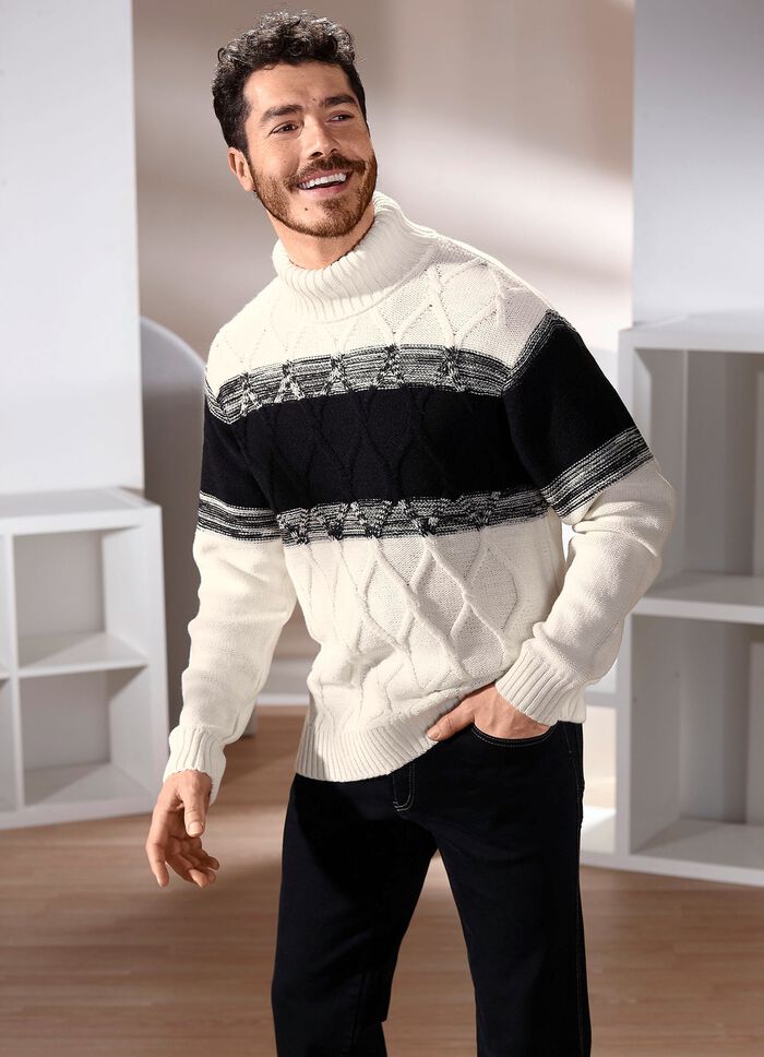 Rollkragenpullover mit Zopfmuster NATUR-SCHWARZ