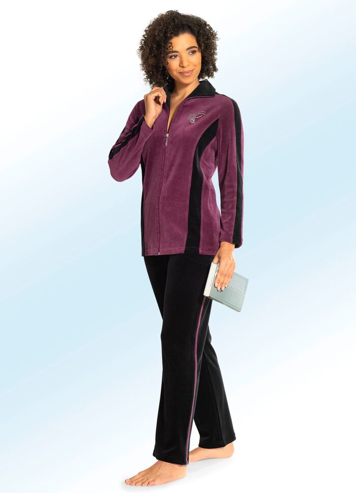 Hausanzug mit Strasssteinzier BURGUND-SCHWARZ