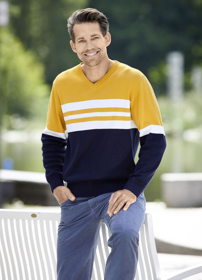 Modischer V-Pullover MARINE-OCKER-WEISS