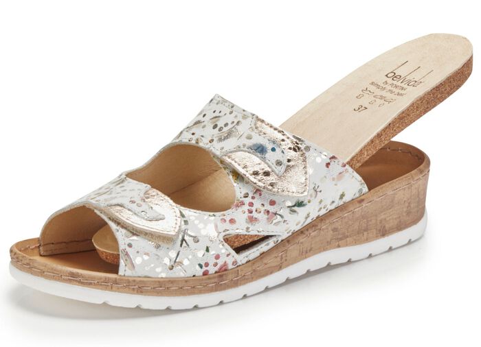 ELENA EDEN, bequeme Damen-Pantoletten, Weite H, mit herausnehmbarem Fussbett ECRU-BUNT