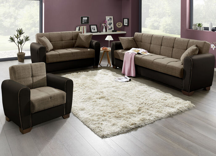 Polstermöbel mit Bettfunktion und Bettkasten BRAUN-BEIGE