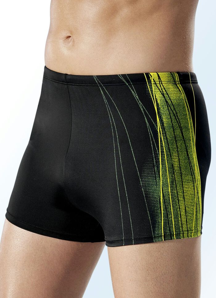 Naturana Badehose in h&ouml;herer Kastenform mit seitlichem Druckdessin SCHWARZ-GELB