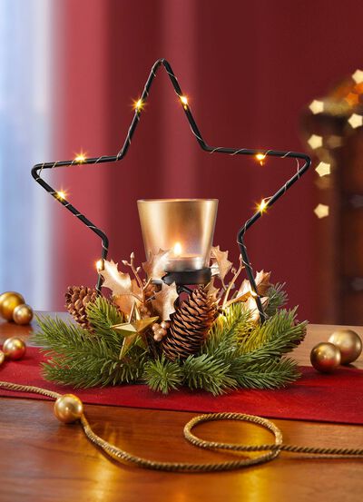 Dekorierter Metall-Teelichthalter mit LED-Beleuchtung 