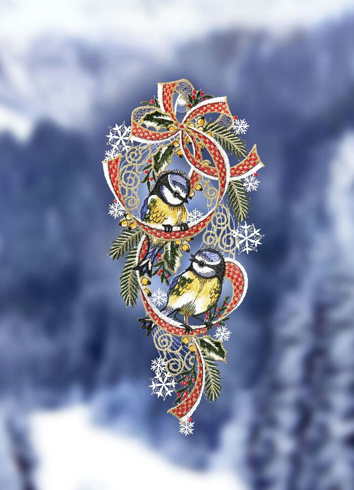 Fensterbild Blaumeisen aus echter Plauener Spitze 