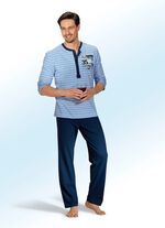 Zweierpack Pyjamas mit langer Knopfleiste, garngef&auml;rbtem Ringeldessin und Druckmotov 