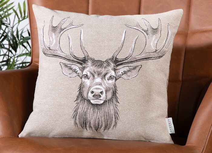 Kissenbezug mit Hirschopf-Motiv BEIGE