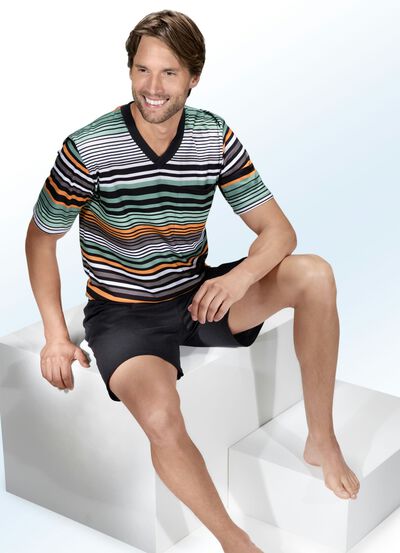 Shorty mit V-Ausschnitt, Brusttasche und Ringeldessin - 