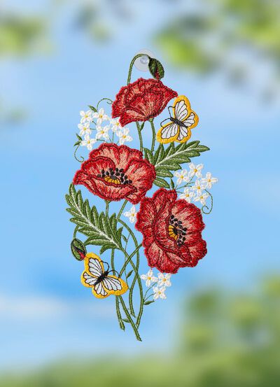 Fensterbild mit Mohnblumen-Motiv aus Plauener Spitze 
