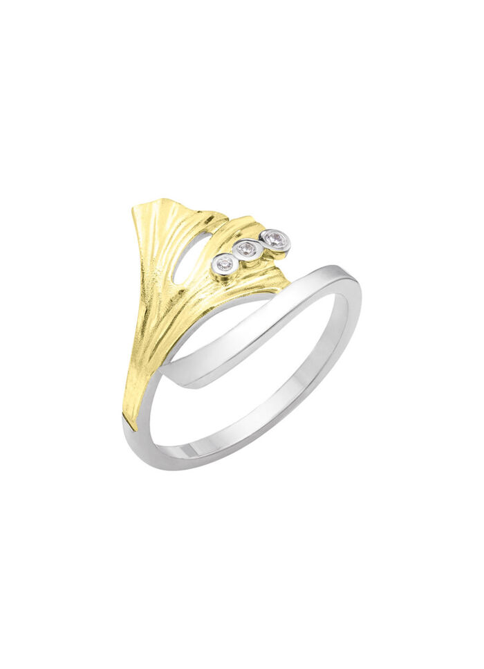 Damenring Ginkgoblatt in Bicolor mit synth. Zirkonia 