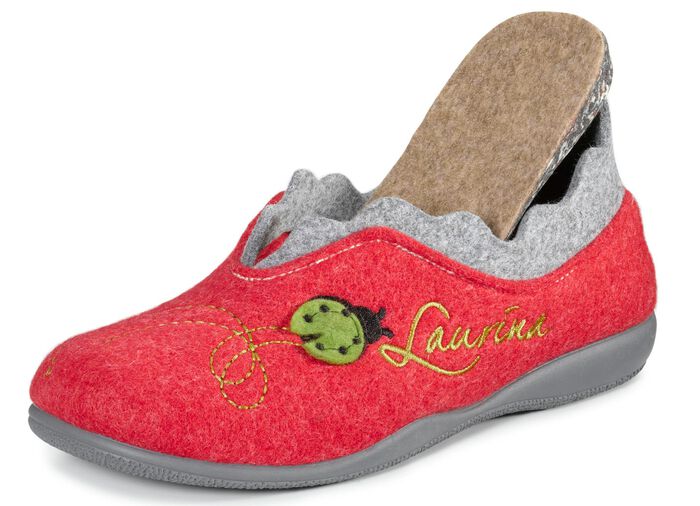 Laurina Filz-Hausschuh mit fantasievoller Stickerei ROT-HELLGRAU