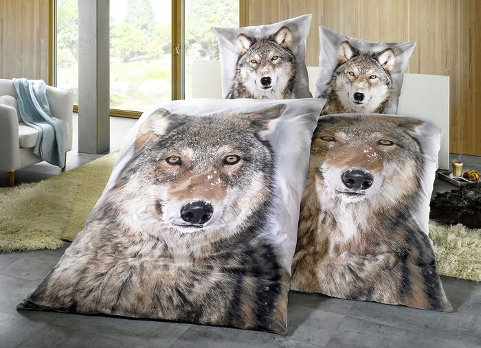 Bettwäsche-Garnitur mit Druckmotiv «Wolf» 