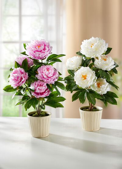 Päonienbusch im Topf aus Kunst- und Textilmaterial 