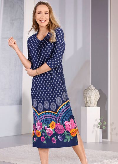 Laurina Nachthemd mit Bord&uuml;rendruck und 3/4-langen &Auml;rmeln 