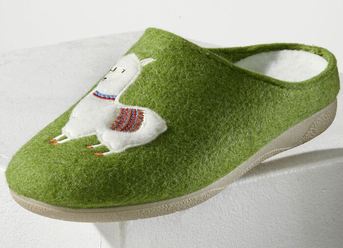 Kuschelwarme Hausschuhe mit Lama-Applikation GRÜN