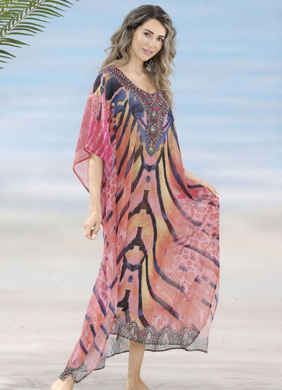 Laurina Kaftan mit Schmucksteinchen, leicht transparent - 