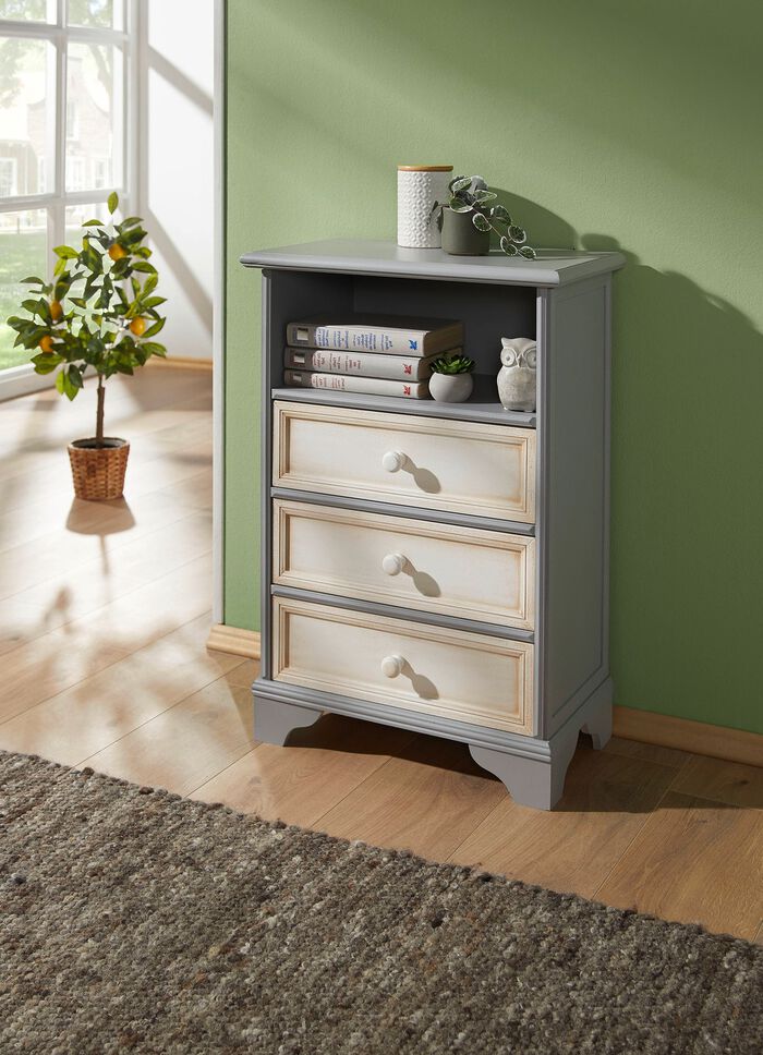 Schubladenkommode im Landhaus-Stil GRAU-ANTIKWEISS