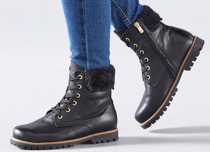 Andrea Conti Schn&uuml;r-Bootie mit flauschigem Pl&uuml;sch-Kragen SCHWARZ