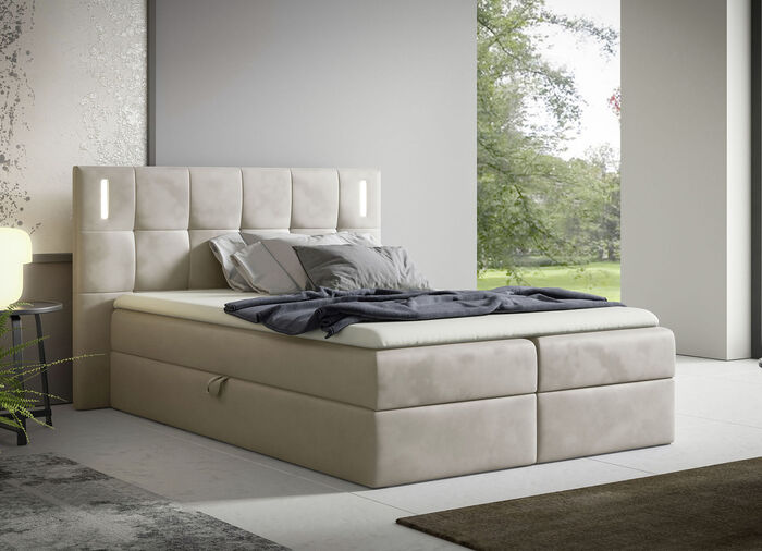 Boxspringbett mit LED-Beleuchtung und Topper CREME