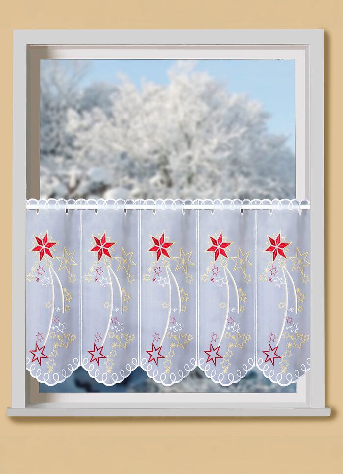 Kurzvorhang mit echter Plauener Stickerei und metallisiertem Garn 