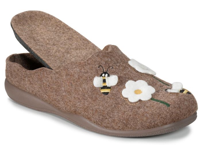 Laurina Filz-Pantoffel mit s&uuml;sser Applikation und Stickerei NATURBRAUN