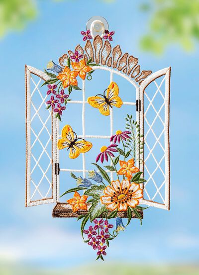 Fensterbild Fr&uuml;hlingsfenster aus echter Plauener Spitze 