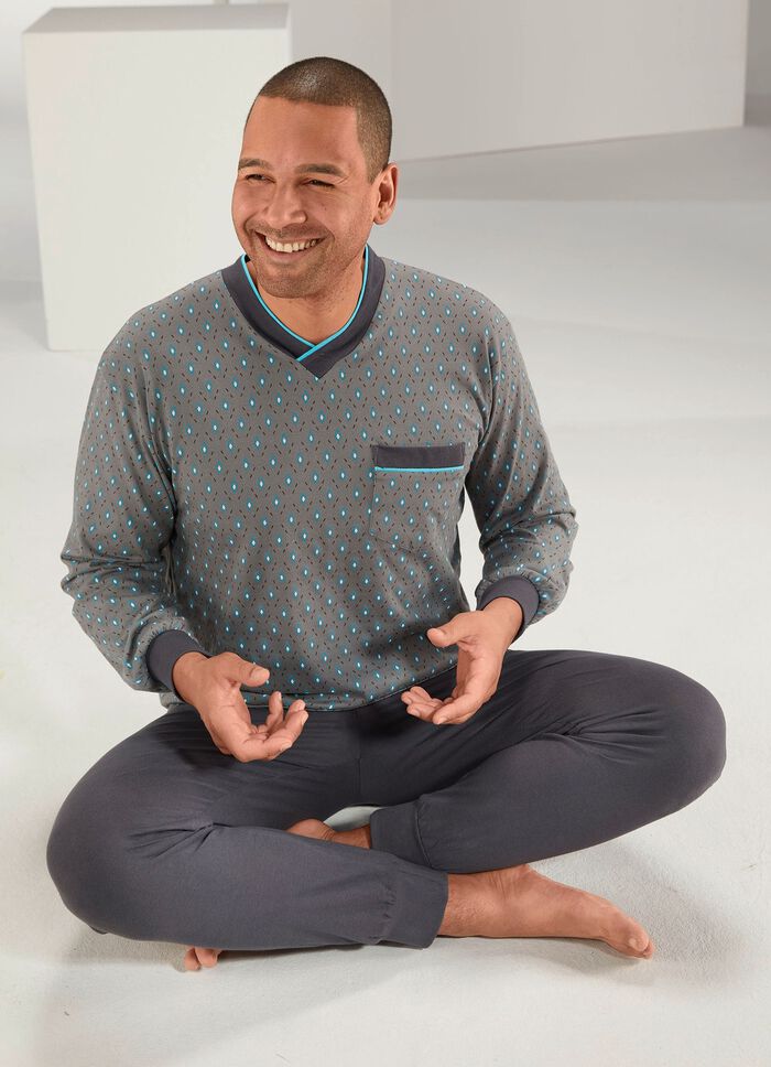 Pyjama mit V-Ausschnitt, Brusttasche sowie &Auml;rmel- und Beinb&uuml;ndchen 