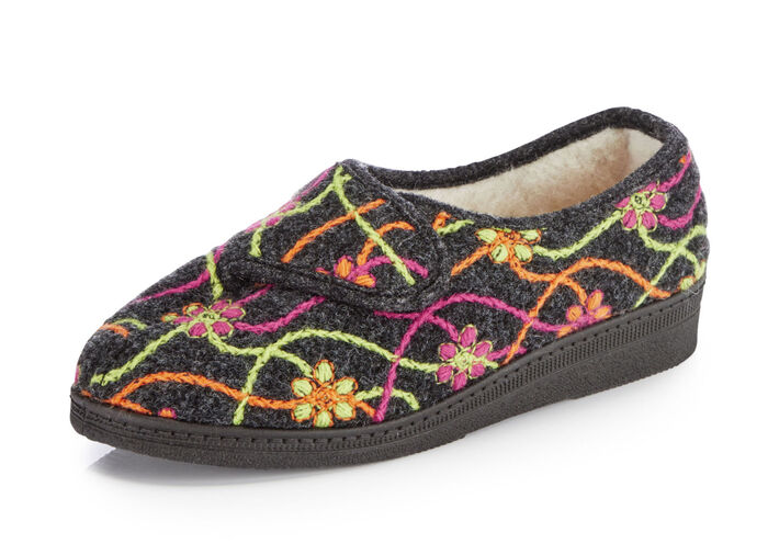 Klett-Hausschuh mit bunter Blüten-Stickerei ANTHRAZIT-BUNT