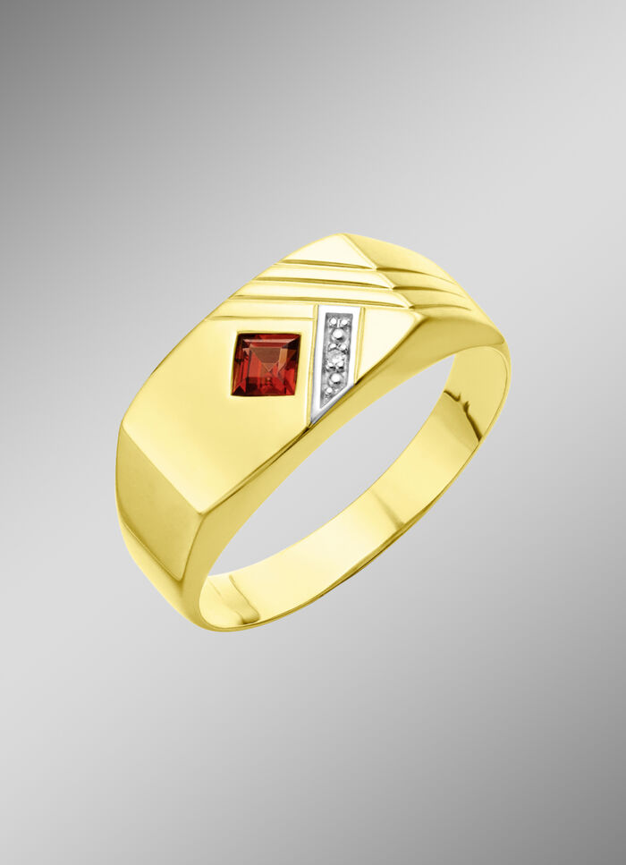 Glänzender Herrenring mit echt Granat und Diamant 