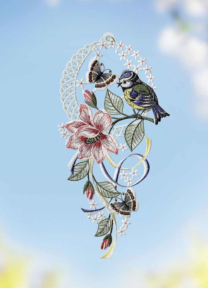 Fensterbild Vöglein mit Schmetterling 