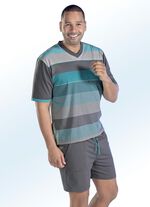 Hajo Klima Komfort Shorty mit V-Ausschnitt und garngefärbtem Ringeldessin GRAU-TUERKIS
