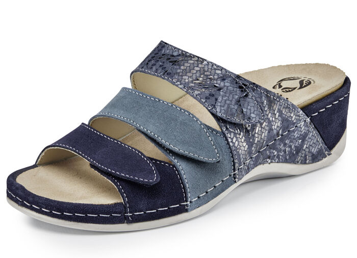 Mubb, bequeme Damen-Pantoletten, Weite H, mit herausnehmbarem Fussbett BLAU
