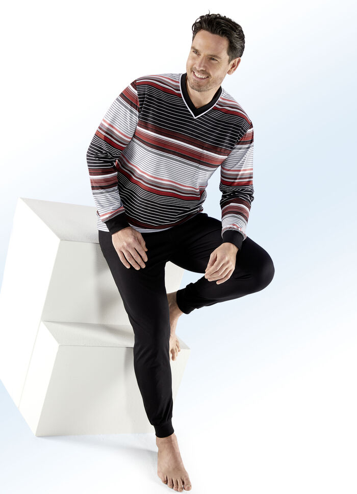 Pyjama mit Ringeldessin, V-Ausschnitt und Brusttasche SCHWARZ-ROT-GRAU