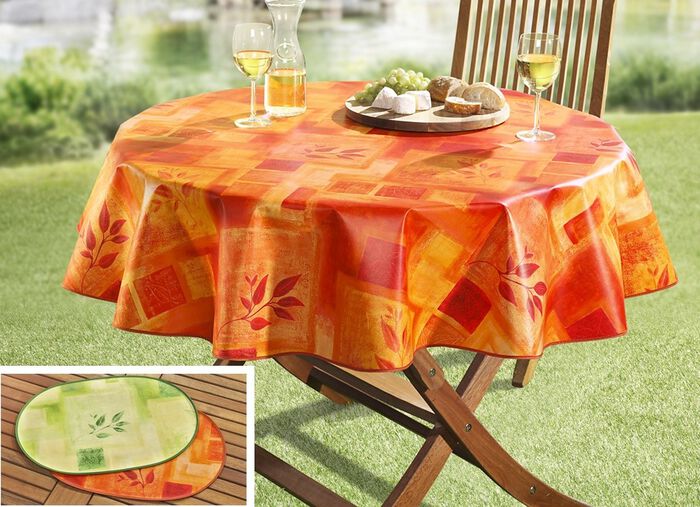 Wachstuch-Serie mit farblich abgestimmtem Schr&auml;gband. 