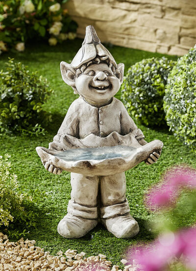 Wichtel mit Vogeltränke aus wetterfestem Polyresin 