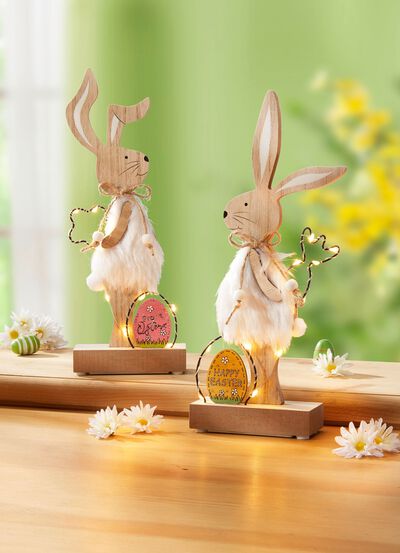 Beleuchtete Hasen aus Holz, 2er-Set 